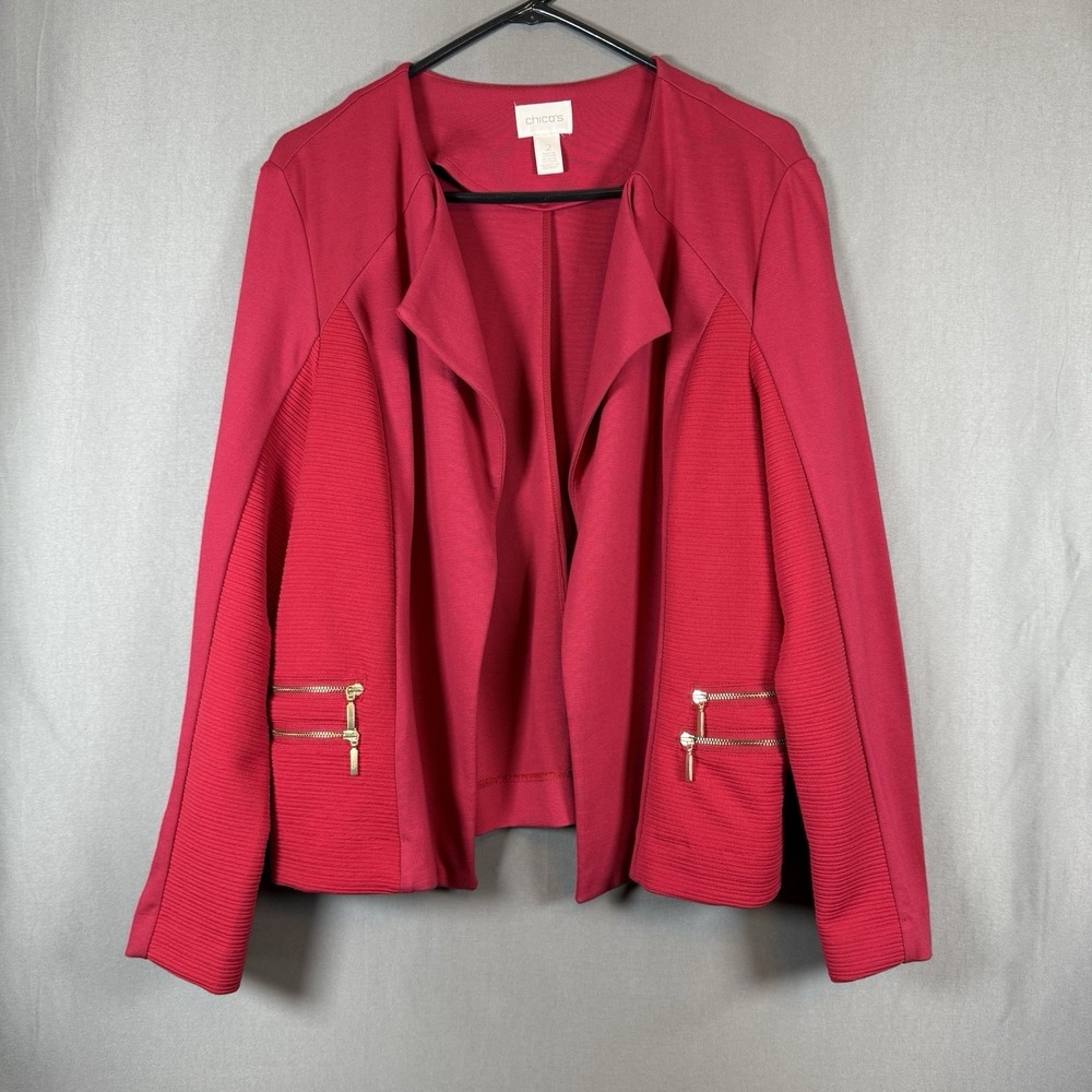Chico's Open Cardigan Jacket Womens Size 3 US XL Red Zip Pockets